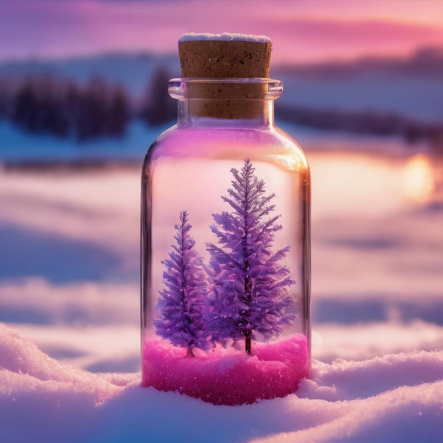 Eine schöne Flasche liegt im weißen Schnee