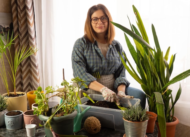 Eine schöne Floristin verpflanzt heimische Pflanzen in neue Töpfe ein Mädchen kümmert sich um Pflanzen eine Frau pflanzt heimische Pflanzen