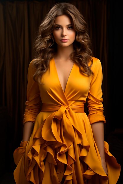 eine schöne Frau, die ein wunderschönes Kleid in goldener Senffarbe trägt