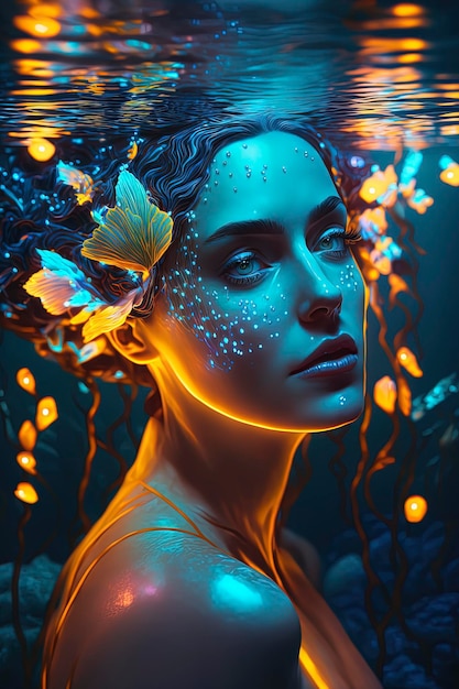 Eine schöne Frau, die in einem biolumineszierenden Luxuspool schwimmt