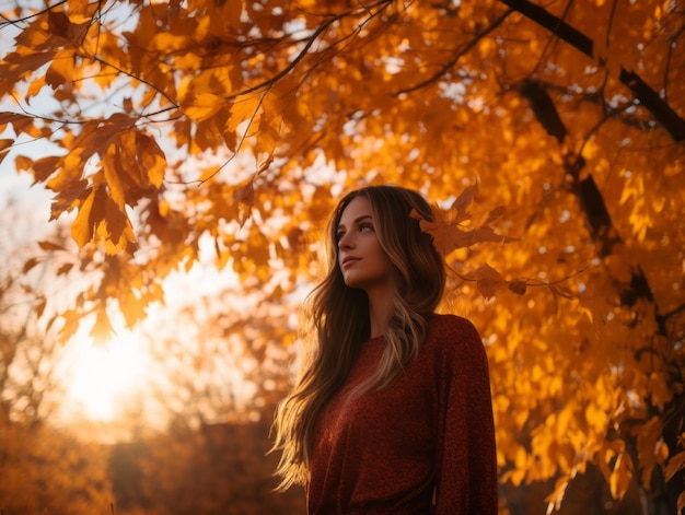 eine schöne Frau, die vor einem Herbstbaum steht