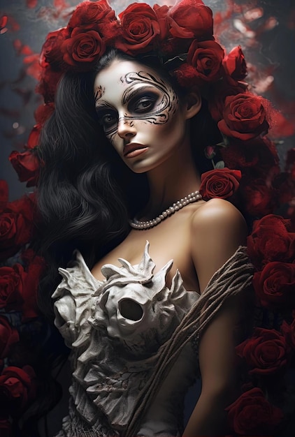 eine schöne Frau, eine rote Blume, die die Toten im Stil des digitalen Airbrushing hält