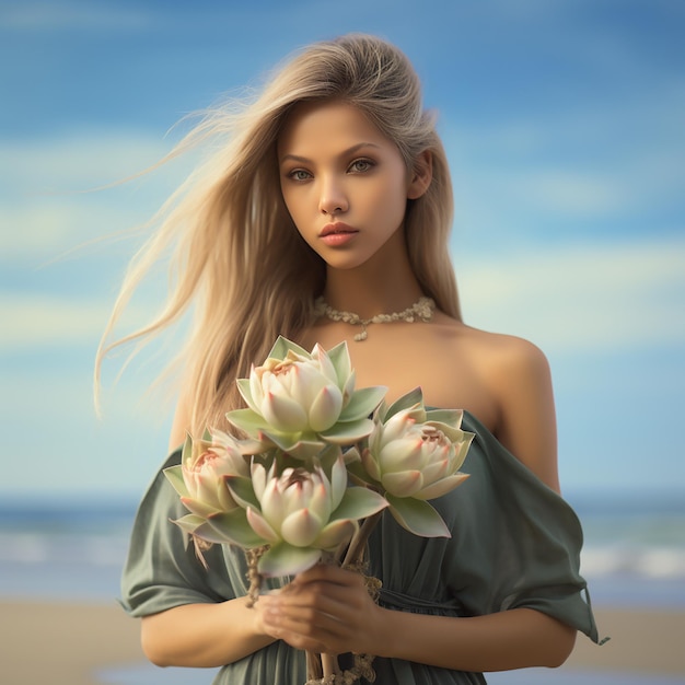 Eine schöne Frau hält am Strand einen Strauß Lotusblumen