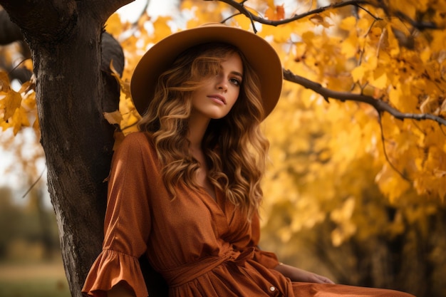 eine schöne Frau in einem orangefarbenen Kleid, die auf einem Baum sitzt