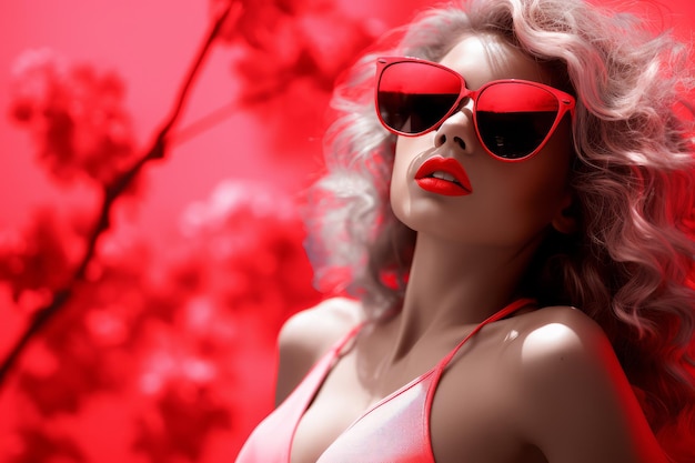 eine schöne Frau in einem roten Badeanzug und einer Sonnenbrille