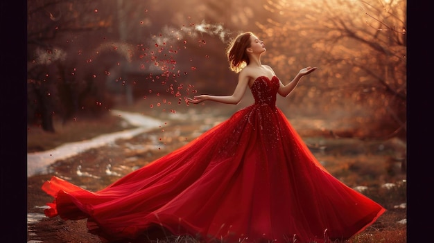 Eine schöne Frau in einem roten Kleid bläst sanft etwas auf ihre Hände