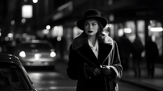 Eine schöne Frau in schwarzem Mantel und Hut geht eine Straße entlang