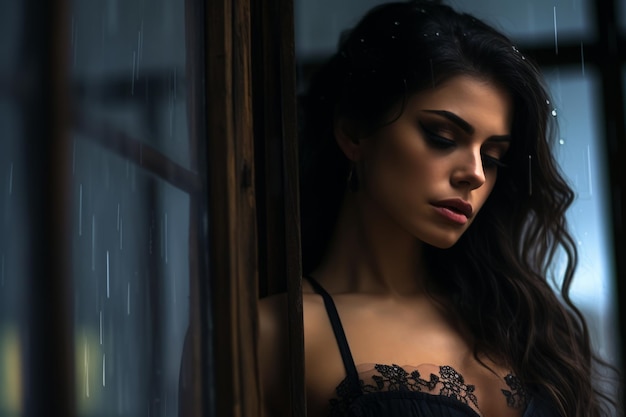 Eine schöne Frau in schwarzen Dessous steht vor einem Fenster