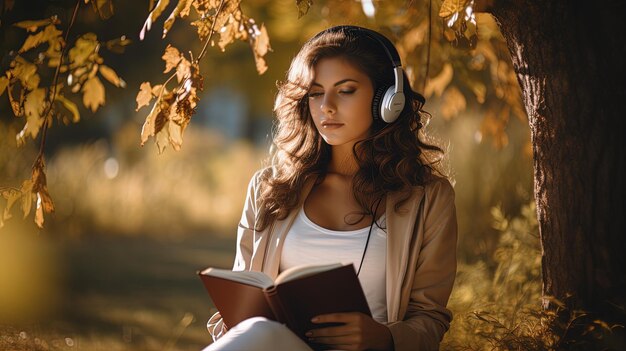 Eine schöne Frau liest ein Buch und hört Musik unter einem Baum.