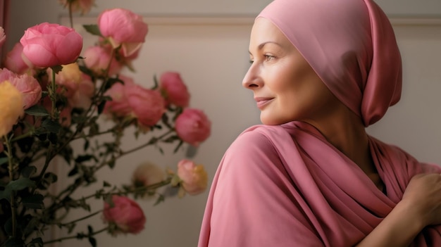 Eine schöne Frau mit Brustkrebs posiert für ein Foto neben wunderschönen Rosen, die in Rosa gekleidet sind