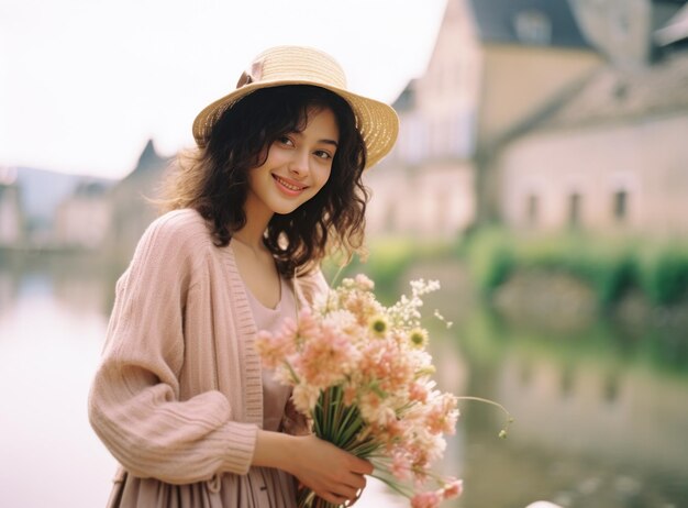 eine schöne Frau mit einem Strohhut und einem rosa Kleid in Paris