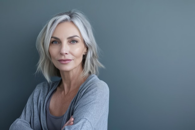 Eine schöne Frau mit grauen Haaren posiert für die Kamera