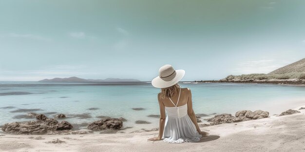 Eine schöne Frau mit Hut sitzt an einem Strand im Stil ruhiger Meeresausblicke