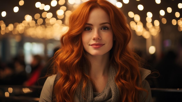 eine schöne Frau mit langen roten Haaren vor Lichtern