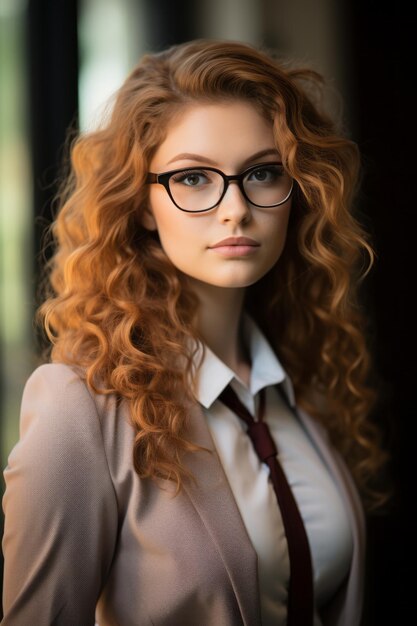 eine schöne Frau mit roten Haaren, Brille und Anzug