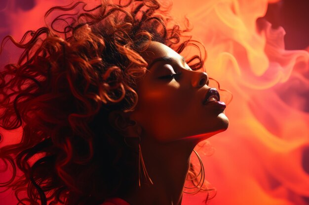 eine schöne Frau mit roten Haaren vor Flammen