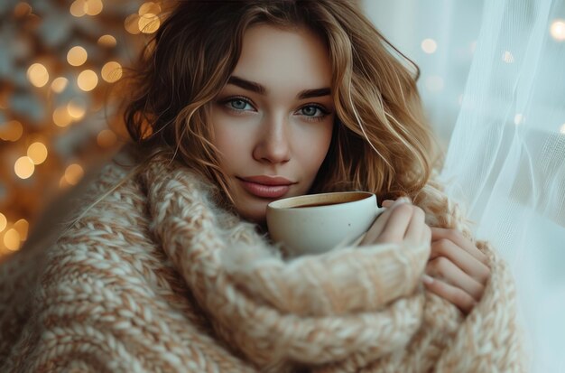 Foto eine schöne frau wickelt sich warm in eine decke, während sie heißen tee trinkt