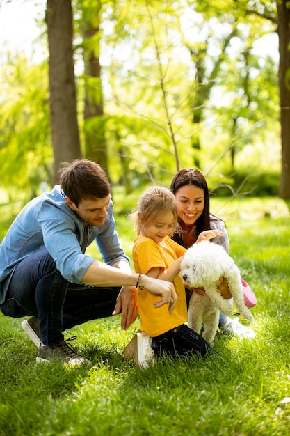 Eine schöne, glückliche Familie amüsiert sich mit einem Bichon-Hund im Freien