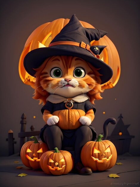 Eine schöne Halloween-Katze in einem Hexenhut auf einer Jacko'lantern Generative KI