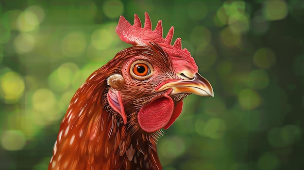 Eine schöne Henne mit leuchtend rotem Kamm und Wattle Die Henne schaut mit dem Kopf zur Seite in die Kamera