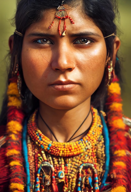 Eine schöne indische Stammesfrau in der Malereikunst. Ein Porträt eines jungen und netten Indianerstammmädchens.