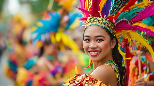 Eine schöne junge Frau, die einen bunten gefiederten Kopfbedeckung und ein traditionelles Tanzkostüm trägt, lächelt glücklich in die Kamera