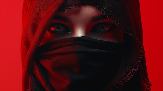 Eine schöne junge Frau, die einen roten Hijab trägt, ihre Augen sind dunkel und geheimnisvoll und ihre Lippen sind leicht gespalten.