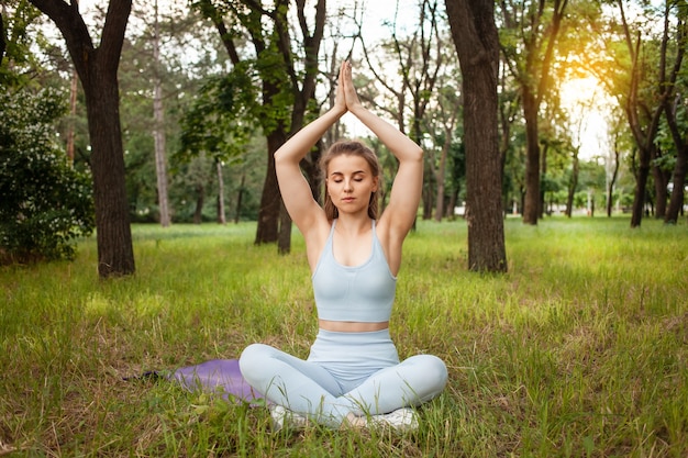 Eine schöne junge Frau, die Yoga im Park auf dem Gras macht. Gymnastikmatte, Sportgeräte. Training, im Freien. Gesunder Lebensstil, Gewichtsverlust, Fitness. Trainierter muskulöser Körper. Frische Luft.