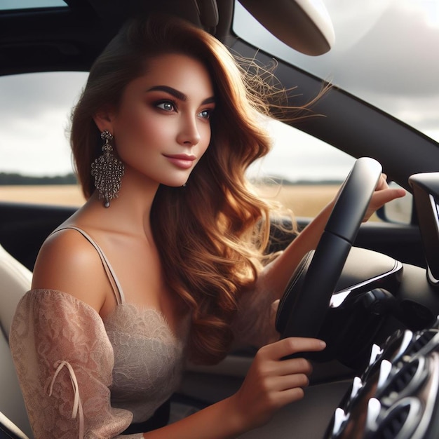 Eine schöne junge Frau fährt ein Auto