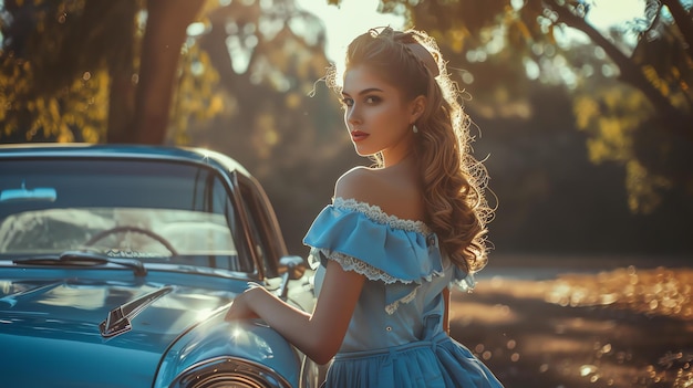 Eine schöne junge Frau in einem blauen Kleid steht neben einem Vintage-Auto und schaut mit einem Lächeln auf ihr Gesicht in die Kamera.