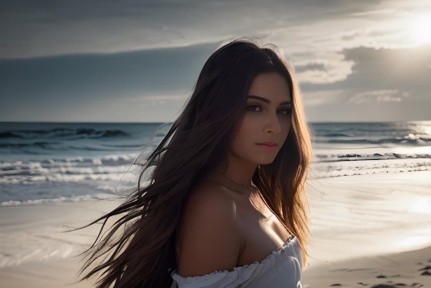 Eine schöne junge Frau in einem weißen, eleganten Sommerkleid, die nachmittags am Strand spaziert