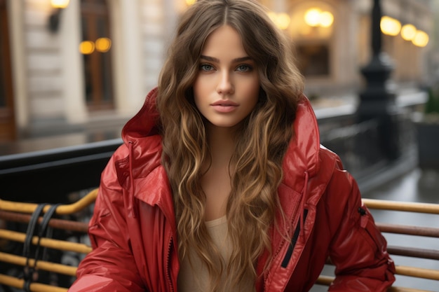 Eine schöne junge Frau in einer roten Jacke sitzt auf einer Bank