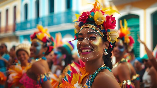 Eine schöne junge Frau mit einem großen Lächeln auf dem Gesicht tanzt in einem bunten Karneval