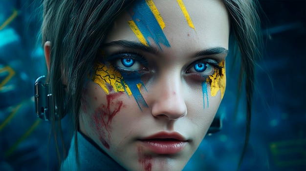 Eine schöne junge Frau mit Farbe in den Farben der Nationalflagge der Ukraine, wie KI sieht