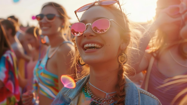 Foto eine schöne junge frau mit langen blonden haaren lächelt glücklich auf einem sommermusikfestival. sie trägt eine rosa sonnenbrille und eine jeansjacke.