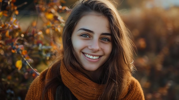 Eine schöne junge Frau mit langen braunen Haaren und grünen Augen lächelt glücklich, trägt einen braunen Schal und steht in einem Blumenfeld.