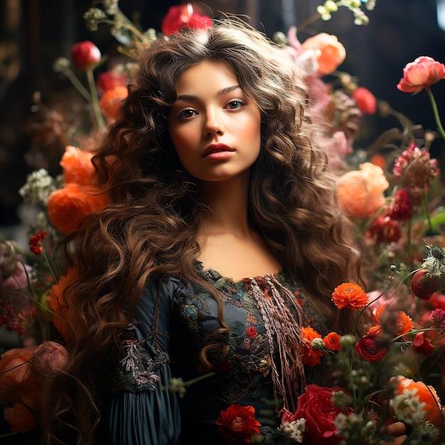 eine schöne junge Frau mit langen lockigen Haaren und Blumen