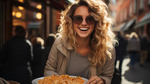 Eine schöne junge Frau mit lockigem blonden Haar isst Pasta in der Stadt Venedig