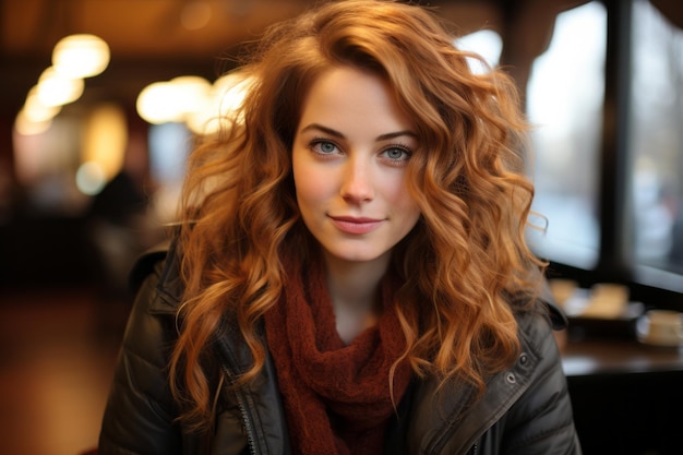 eine schöne junge Frau mit roten Haaren, die an einem Tisch sitzt