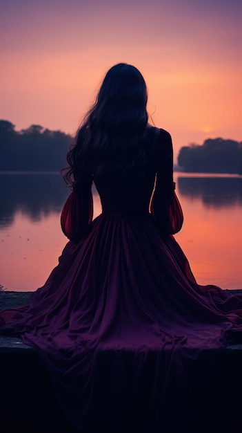 Eine schöne junge Frau sitzt in der Dämmerung am nebligen See und trägt ein Kleid mit romantischem Kerzenlicht