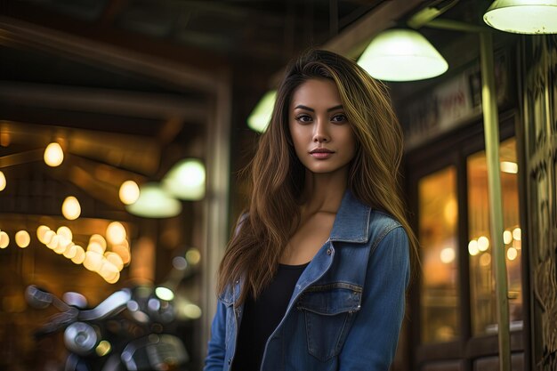 Eine schöne junge Frau steht neben einem Motorrad