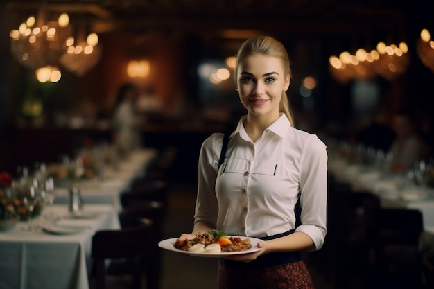 Eine schöne junge Kellnerin lächelnde Kellnerin in einem Restaurant Generative Ai