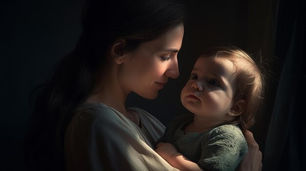 Eine schöne junge Mutter mit Baby im Arm ist ein generatives Bild