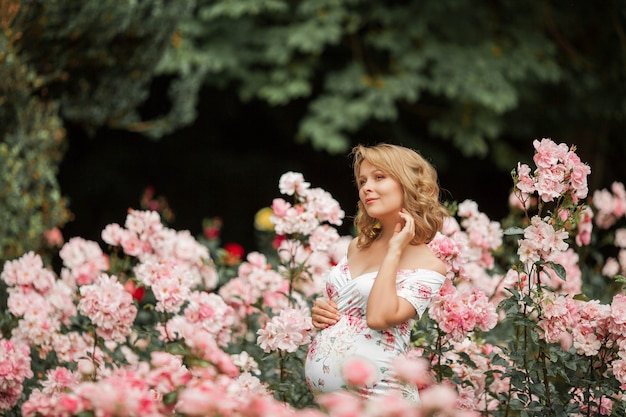 Eine schöne junge schwangere Frau geht in einem Rosengarten. Porträt einer schwangeren Frau in einem Kleid. Sommer.