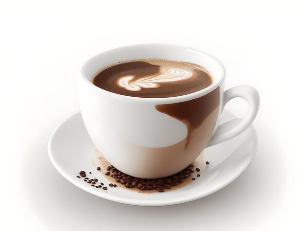 Eine schöne köstliche Kaffeetasse mit einem darauf gezeichneten Herz, Illustration weißer Hintergrund