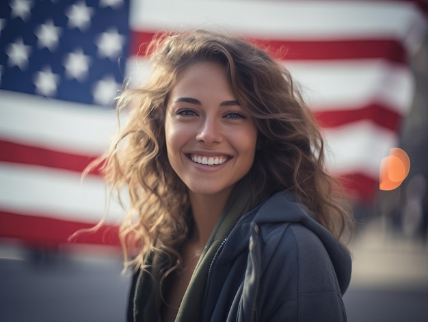 Eine schöne lächelnde Frau aus den USA mit einer USA-Flagge