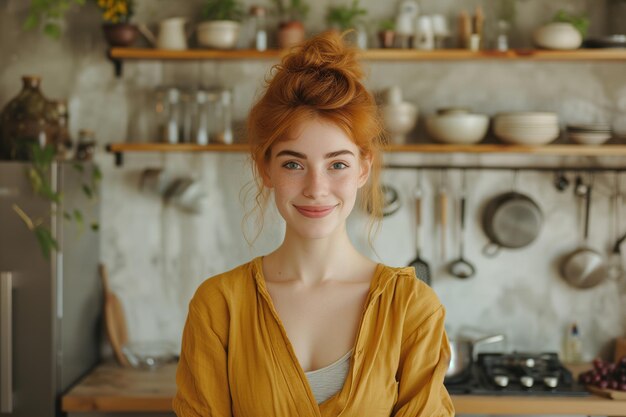 Eine schöne lächelnde Frau, eine Hausfrau mit roten Haaren, steht in der Küche und kocht