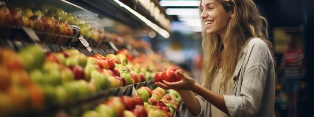 Foto eine schöne lächelnde frau wählt obst und gemüse für den kauf in einem supermarkt aus