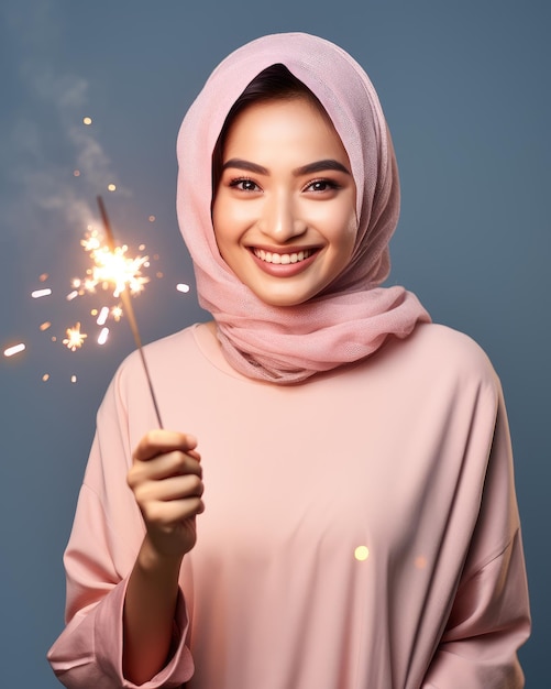 Eine schöne lächelnde indonesische Hijab-Frau mit einer Wunderkerze auf isoliertem Hintergrund