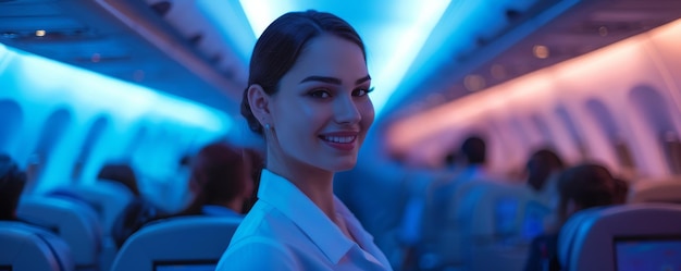 Eine schöne, lächelnde junge Flugbegleiterin steht im Flurgang des Flugzeugs